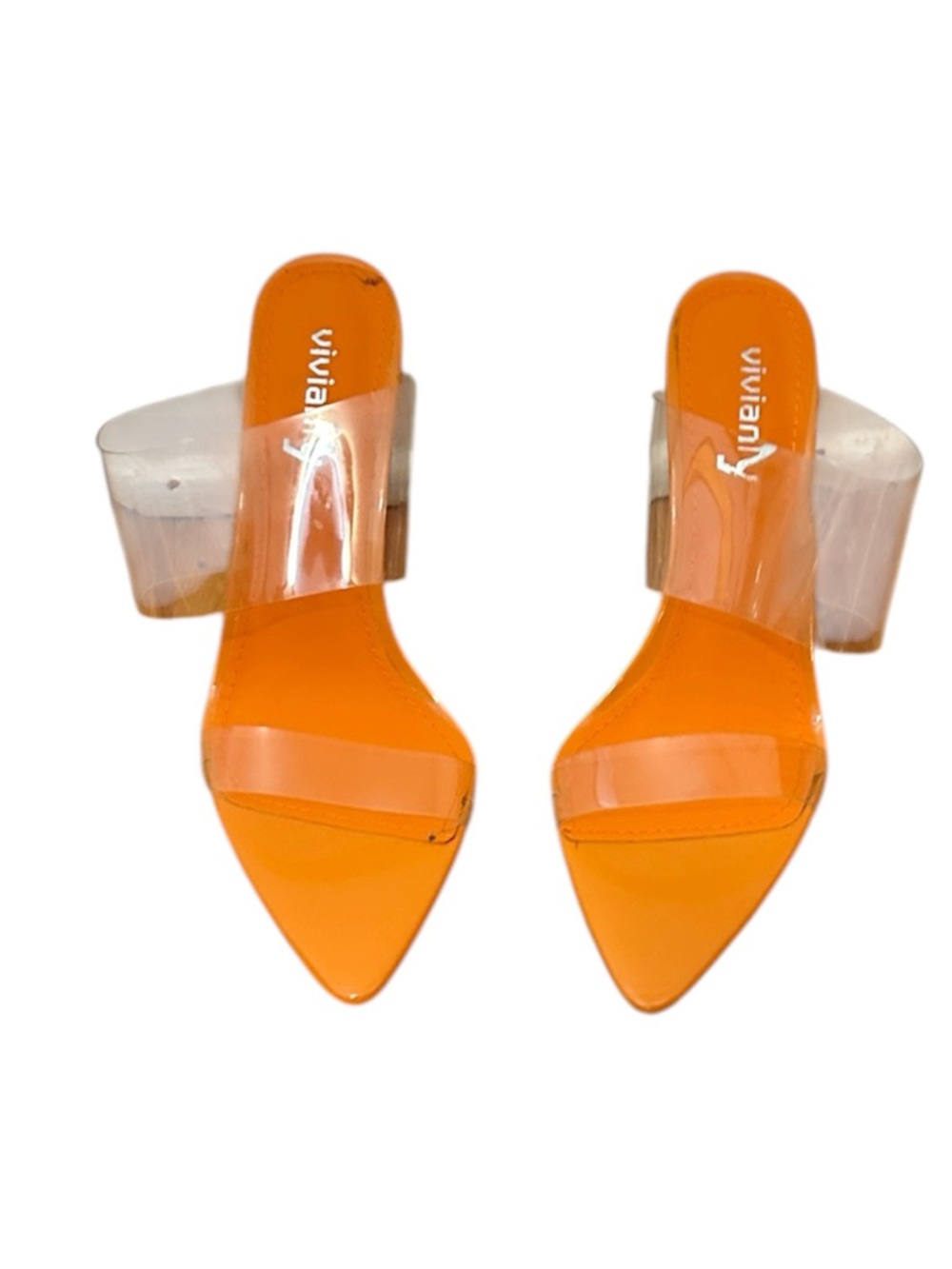 Vivianly Orange Transparent Strap Block Heel Mules